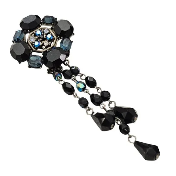 Givenchy Blue Black Rhinestone Cross Round Brooch Dangle Tassel Pin, Signed L992